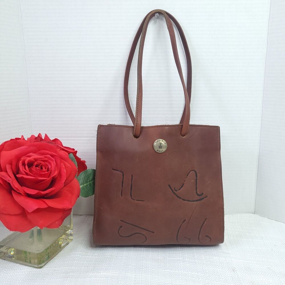 Two Bar West Cattle Branded Leather Double Sided Shoulder Bag Tote
